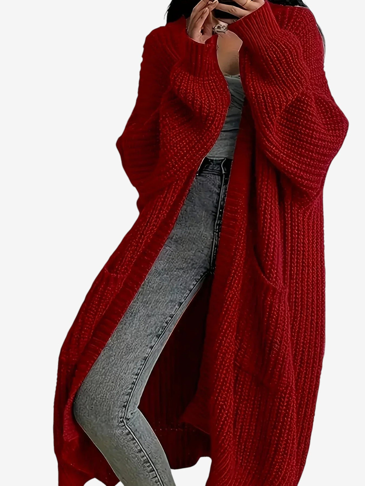 Knitlen - Langer Damen-Cardigan mit Zopfmuster und Rundhalsausschnitt