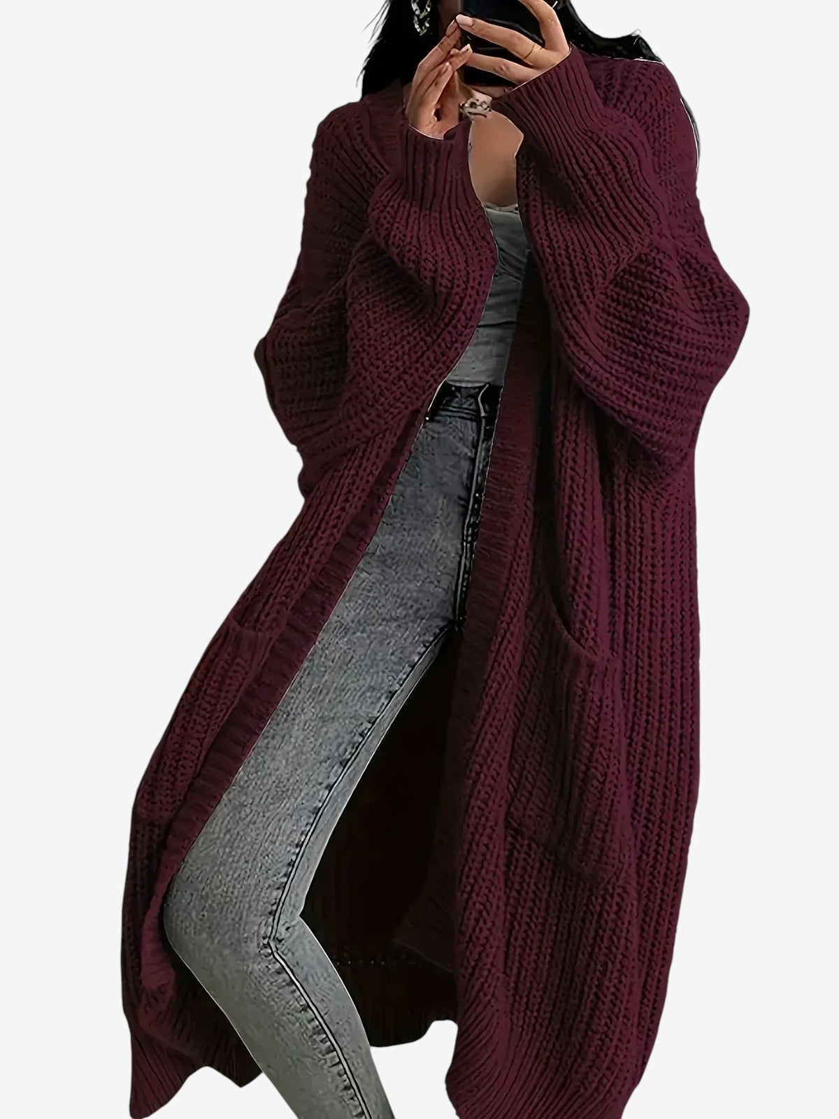 Knitlen - Langer Damen-Cardigan mit Zopfmuster und Rundhalsausschnitt