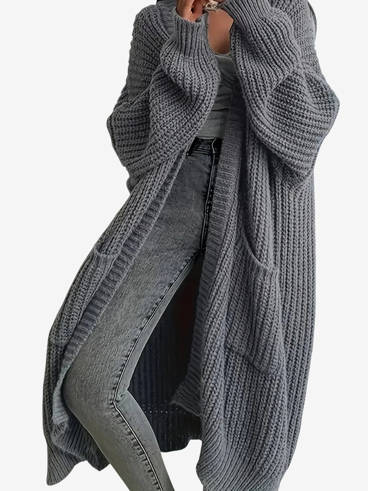 Knitlen - Langer Damen-Cardigan mit Zopfmuster und Rundhalsausschnitt
