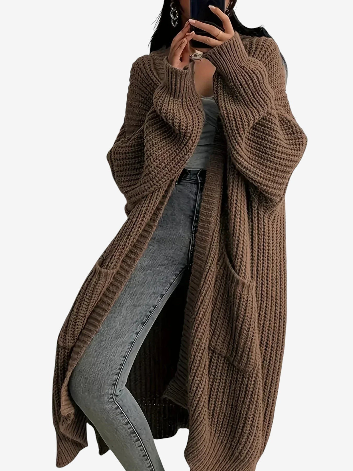 Knitlen - Langer Damen-Cardigan mit Zopfmuster und Rundhalsausschnitt