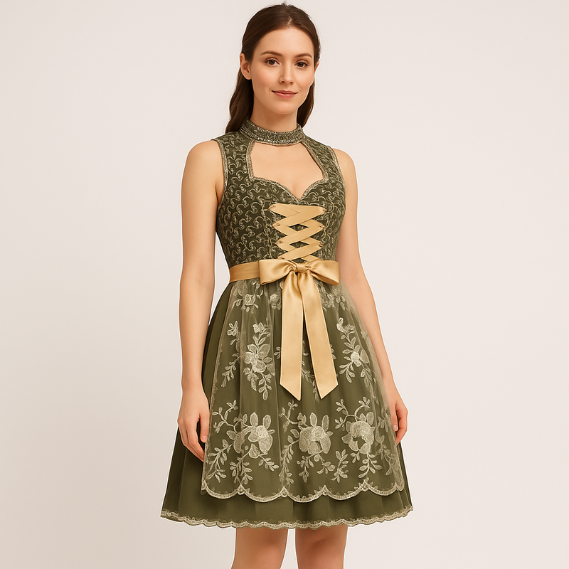 Kurzes Damen-Dirndl mit Schnürmieder und Schürze