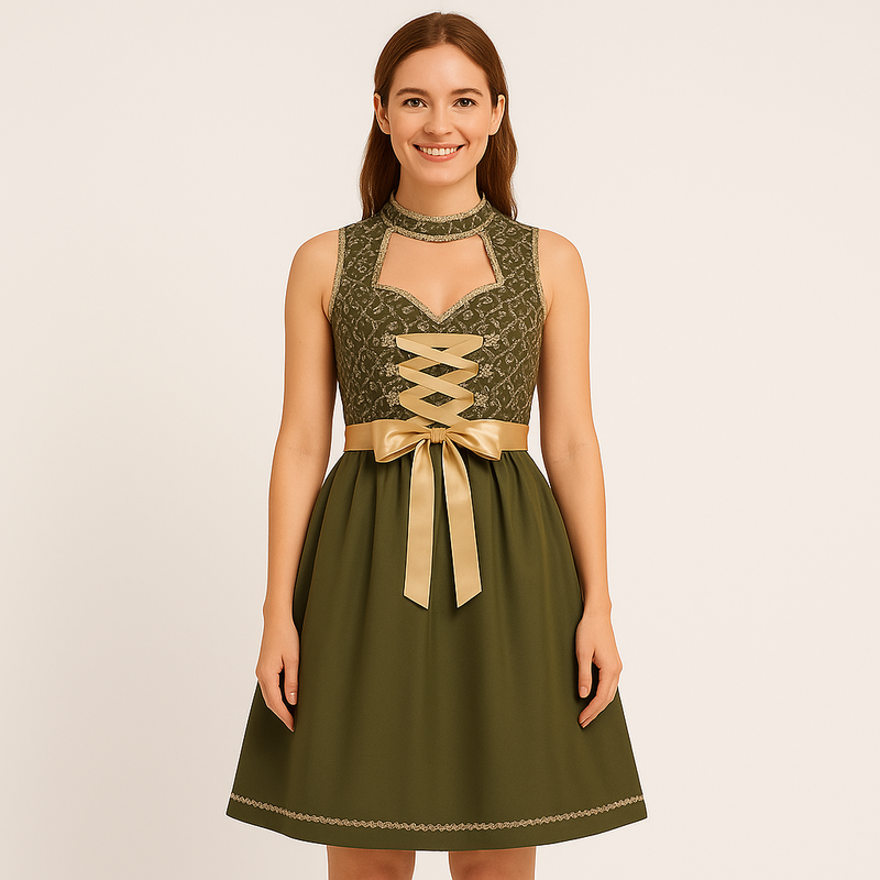 Kurzes Damen-Dirndl mit Schnürmieder und Schürze