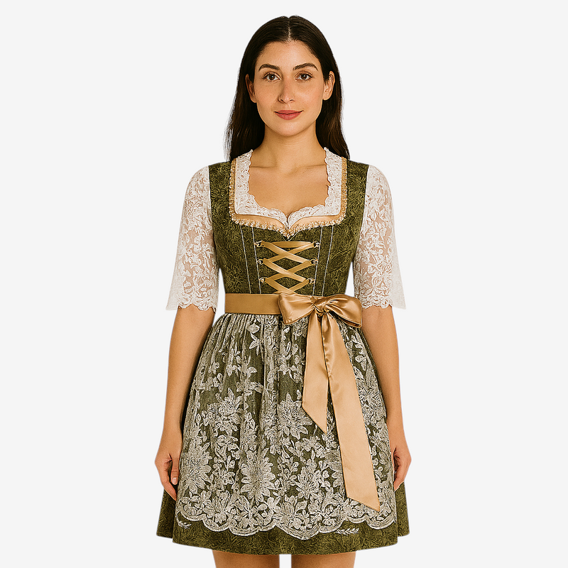 Damen-Dirndl mit Spitzenmieder und Stickereien