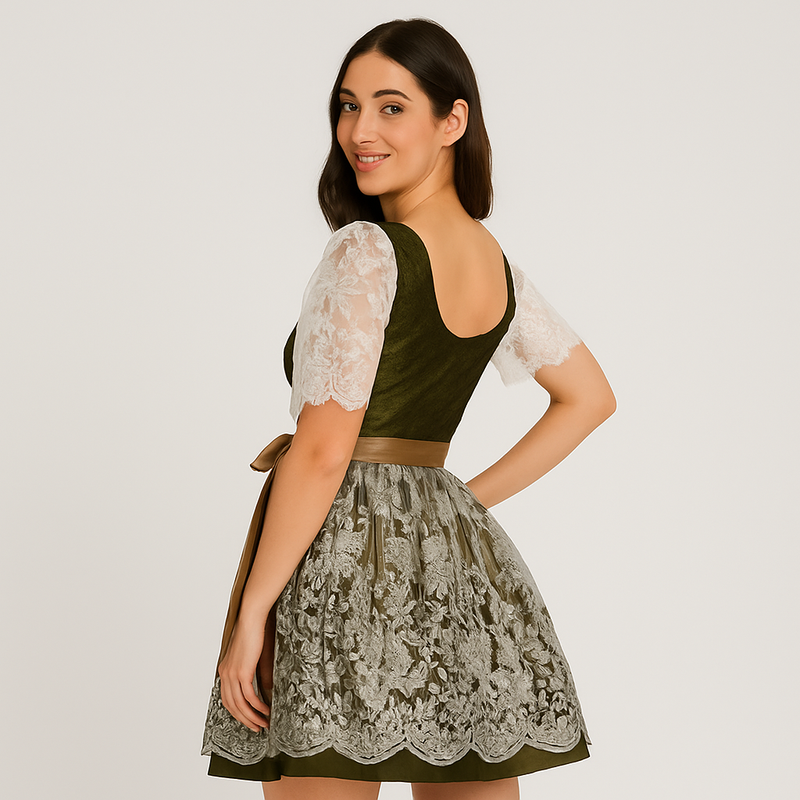 Damen-Dirndl mit Spitzenmieder und Stickereien