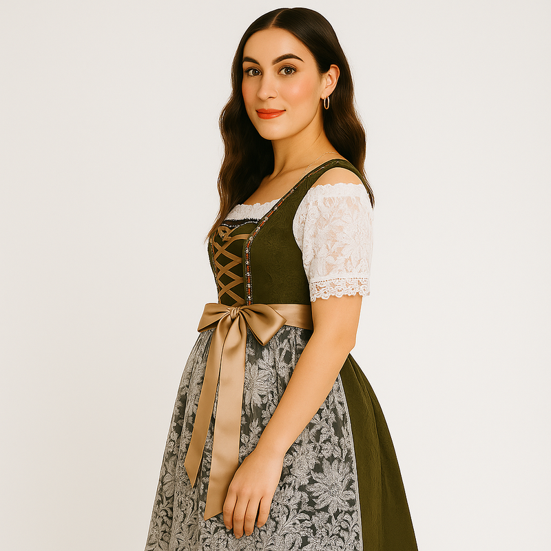 Damen-Dirndl mit Spitzenmieder und Stickereien