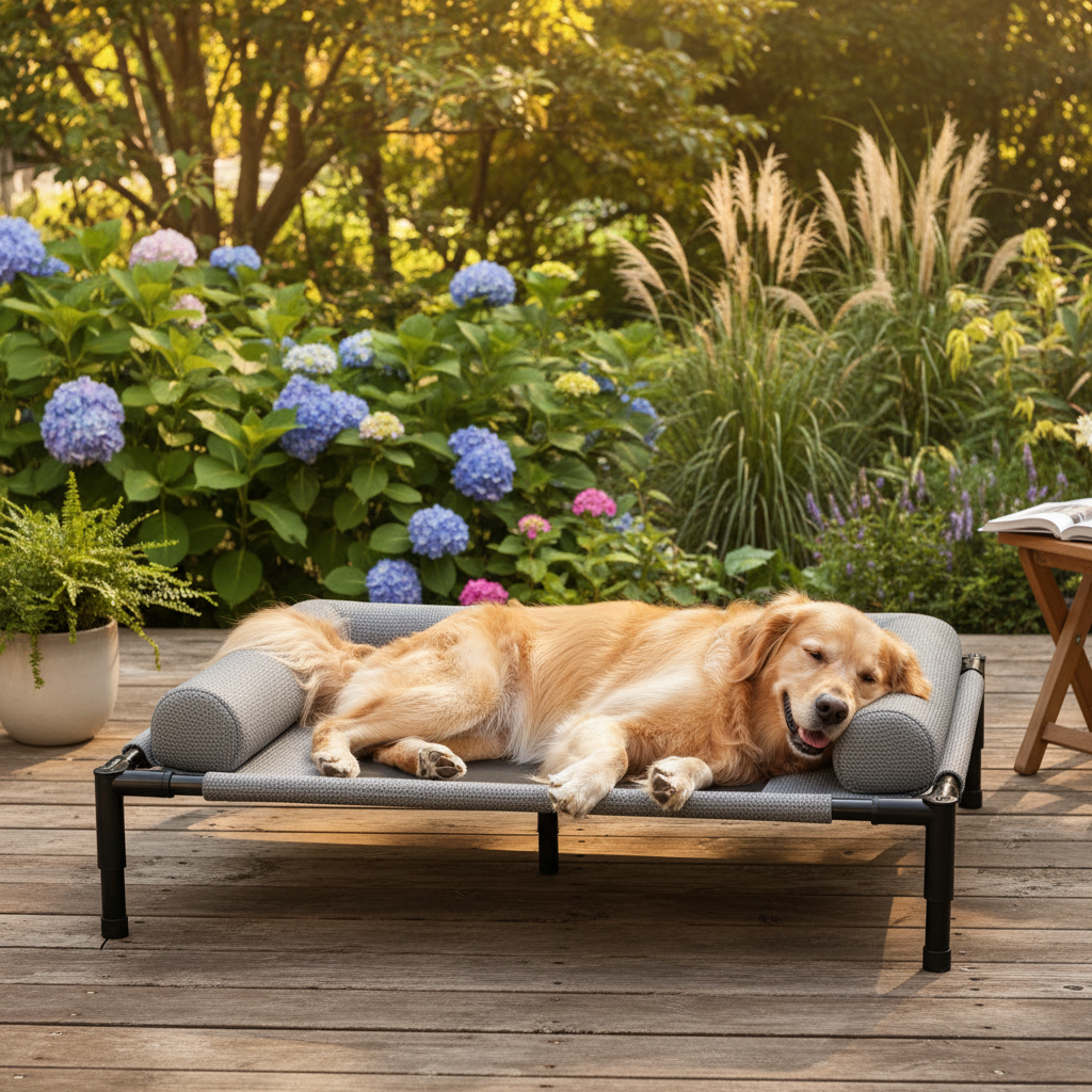 Erhöhtes Hundebett für Garten & Außenbereich | Belüftetes Hundesofa | Robuster Stahlrahmen | Pawraise