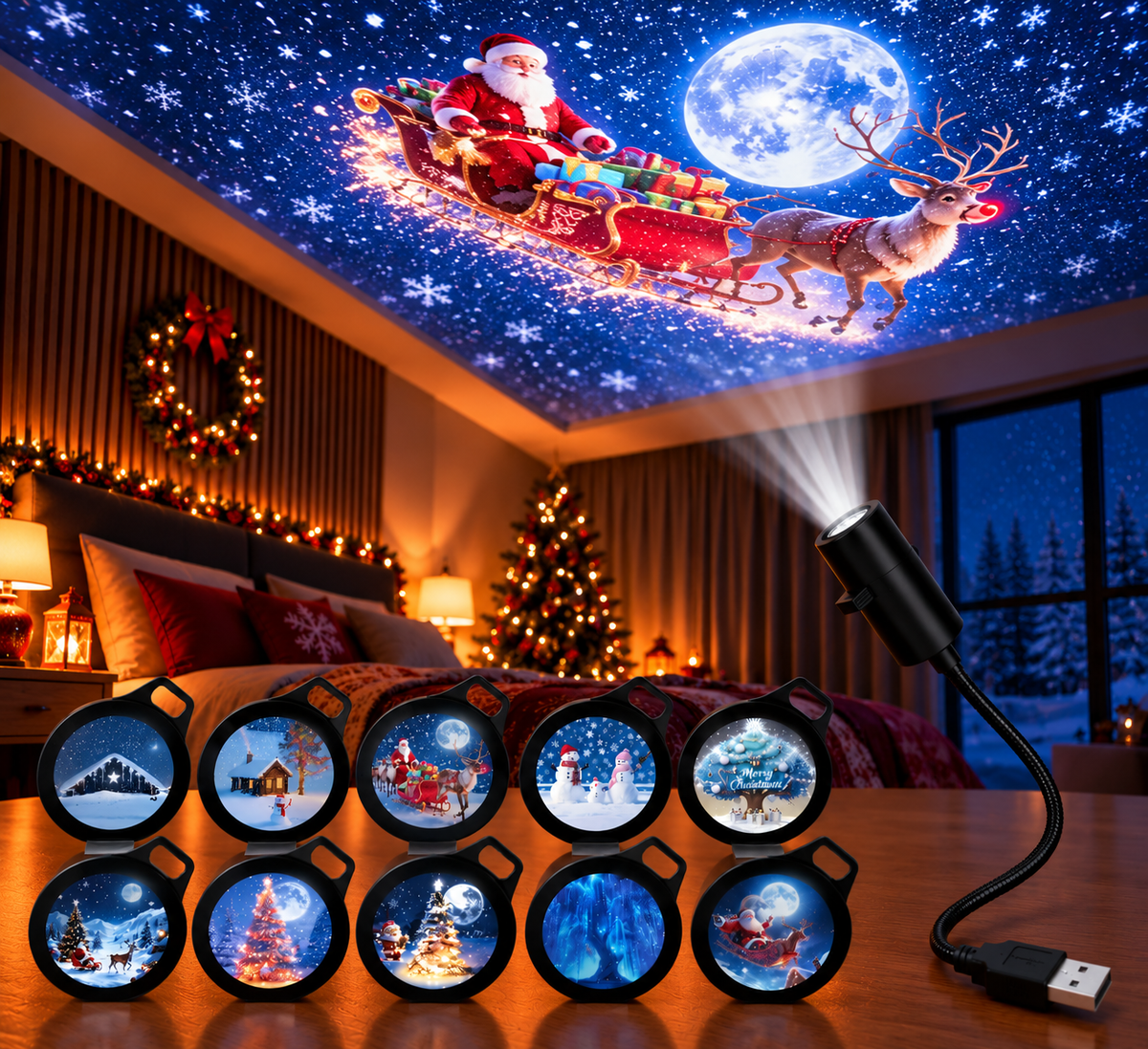 FestivoBeam - USB LED Projektorlampe mit Weihnachtsmotiven