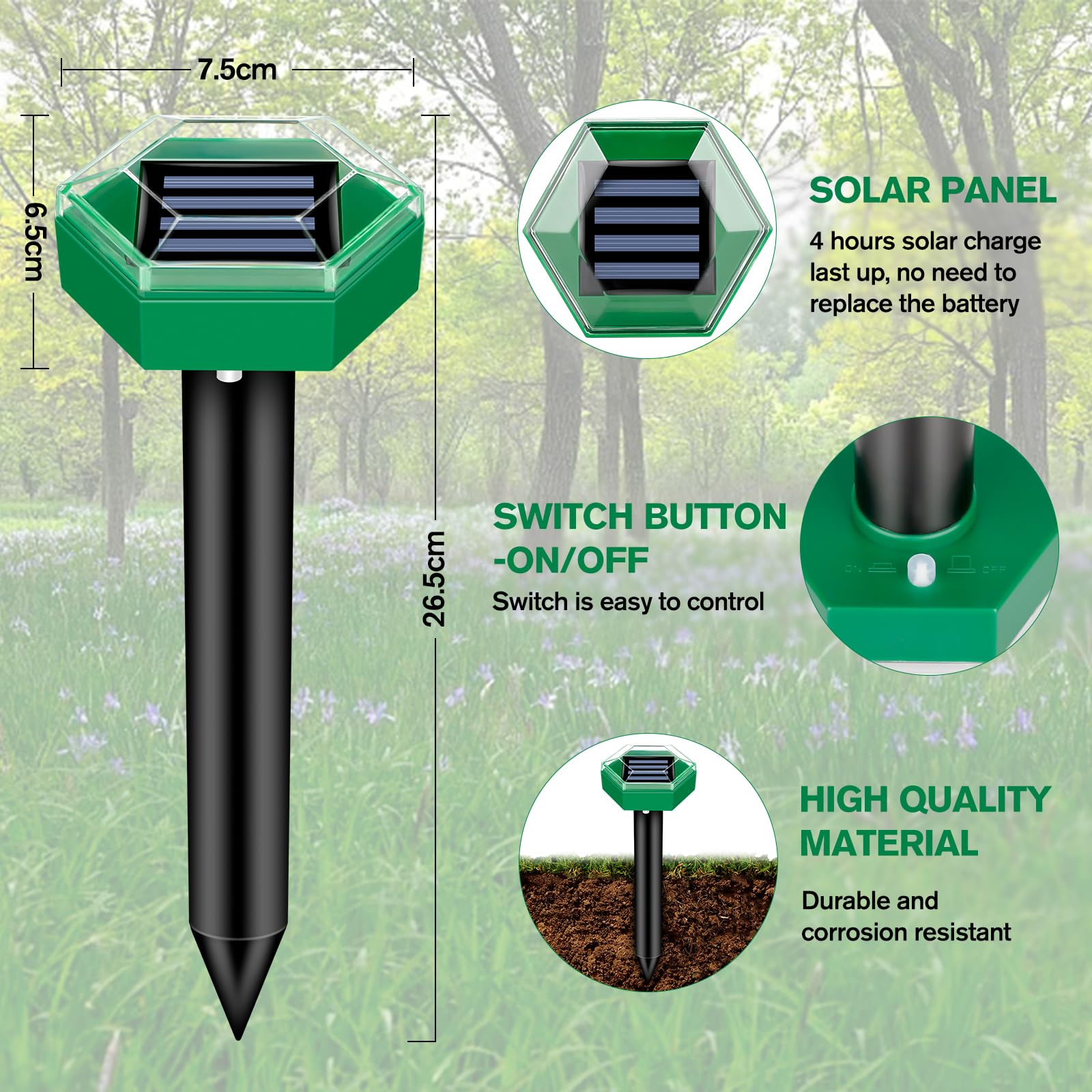 Maulwurfabwehr 4er Pack | Solarbetrieben und wetterfest | Einfache Installation | MoleSilent