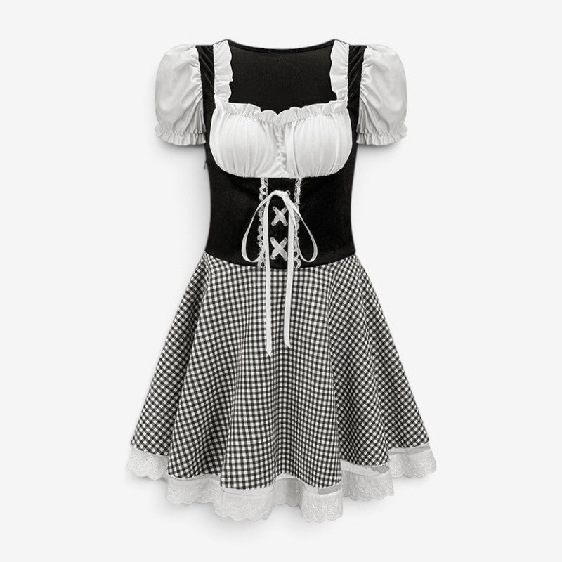 Bavora - Damen Mini-Dirndl mit Vichykaro-Rock, Schnürmieder