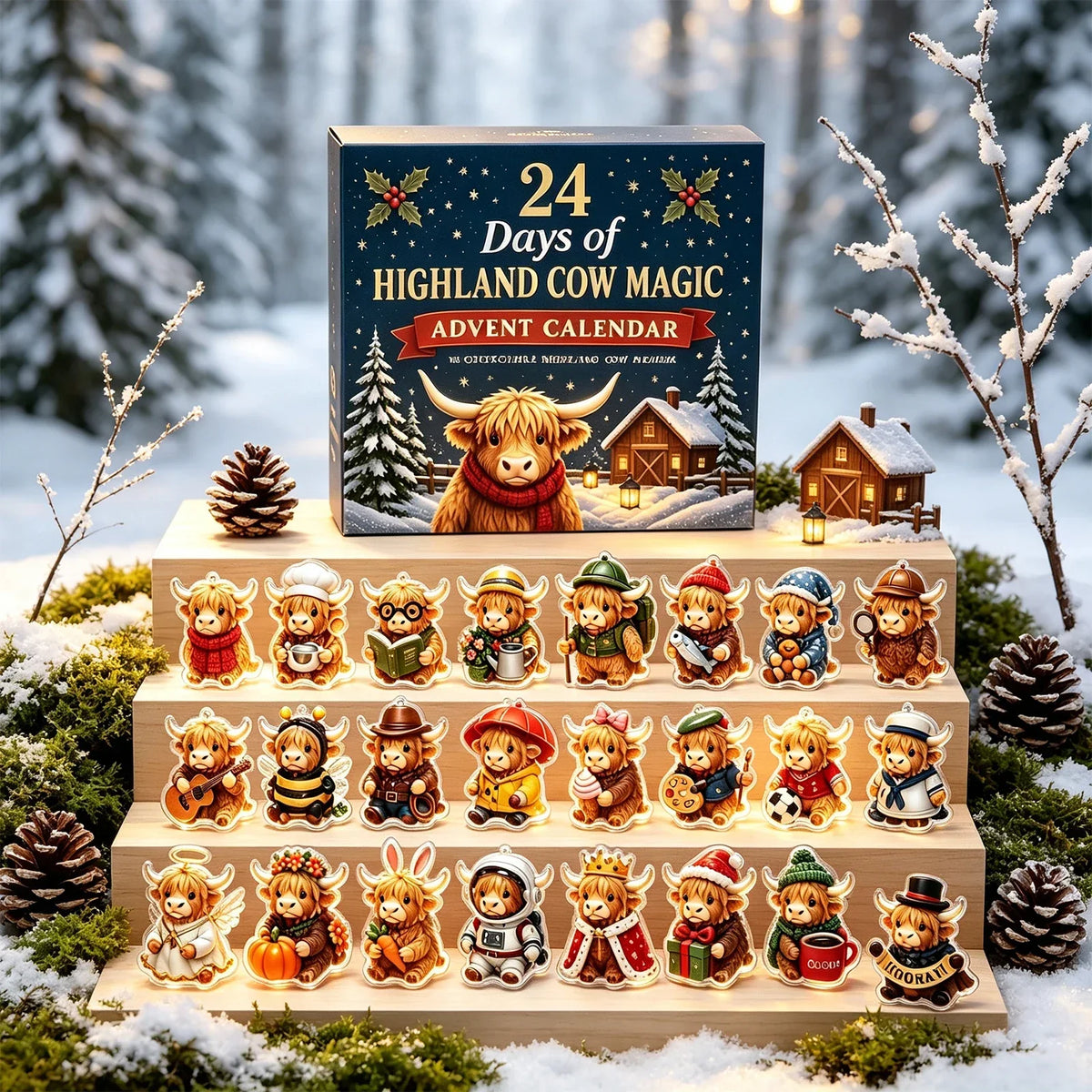 Cowvent - Adventskalender mit Highland-Kuh-Motiven und 24 Anhängern
