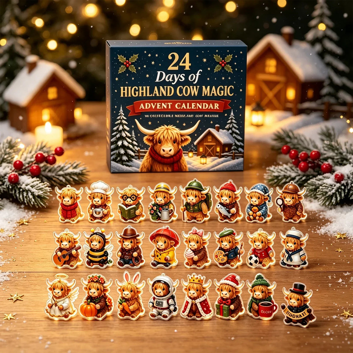 Cowvent - Adventskalender mit Highland-Kuh-Motiven und 24 Anhängern