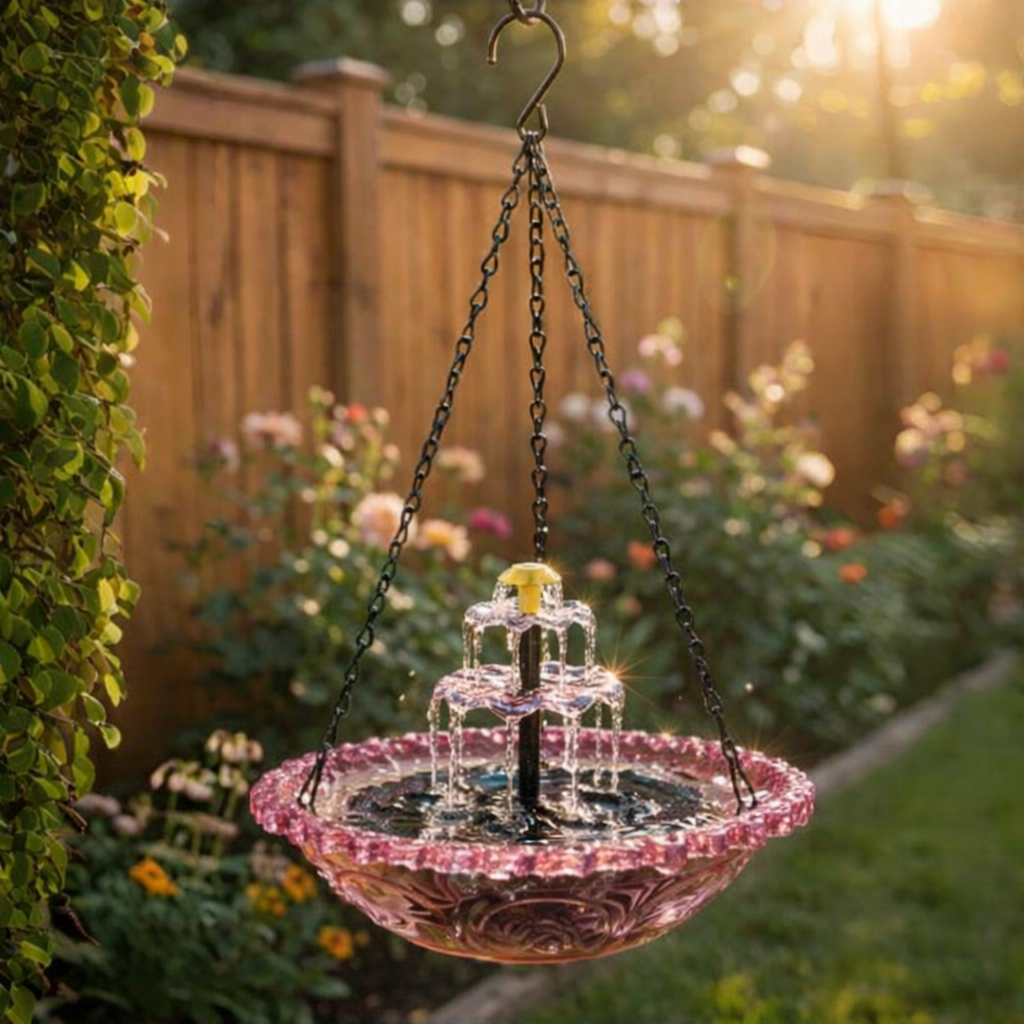 Solarbetriebene Hängende Vogeltränke mit Springbrunnen | Zweistufig | Glasschale | Aquavio