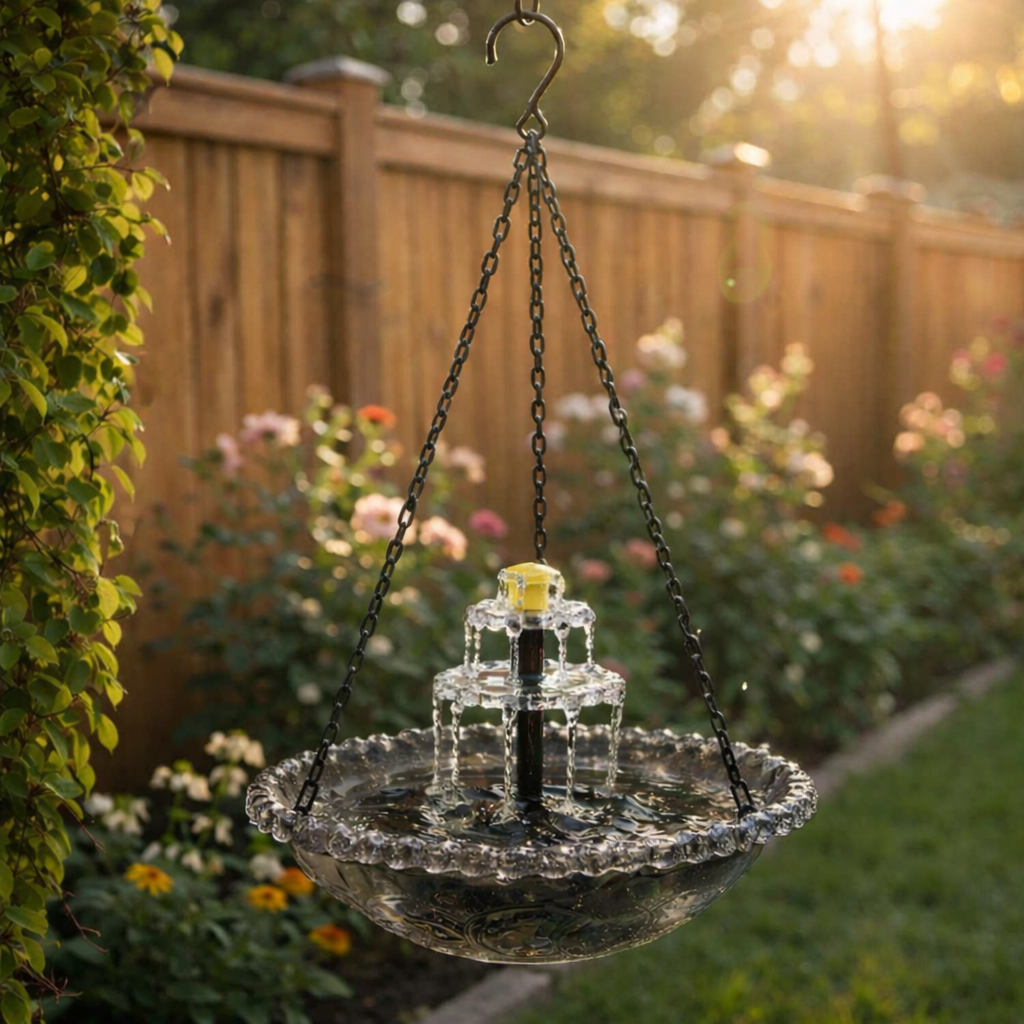 Solarbetriebene Hängende Vogeltränke mit Springbrunnen | Zweistufig | Glasschale | Aquavio