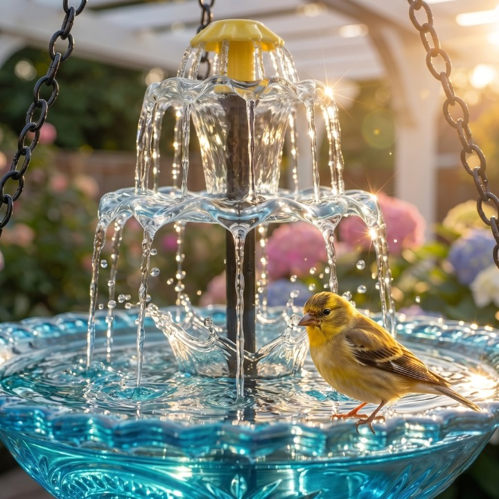 Solarbetriebene Hängende Vogeltränke mit Springbrunnen | Zweistufig | Glasschale | Aquavio