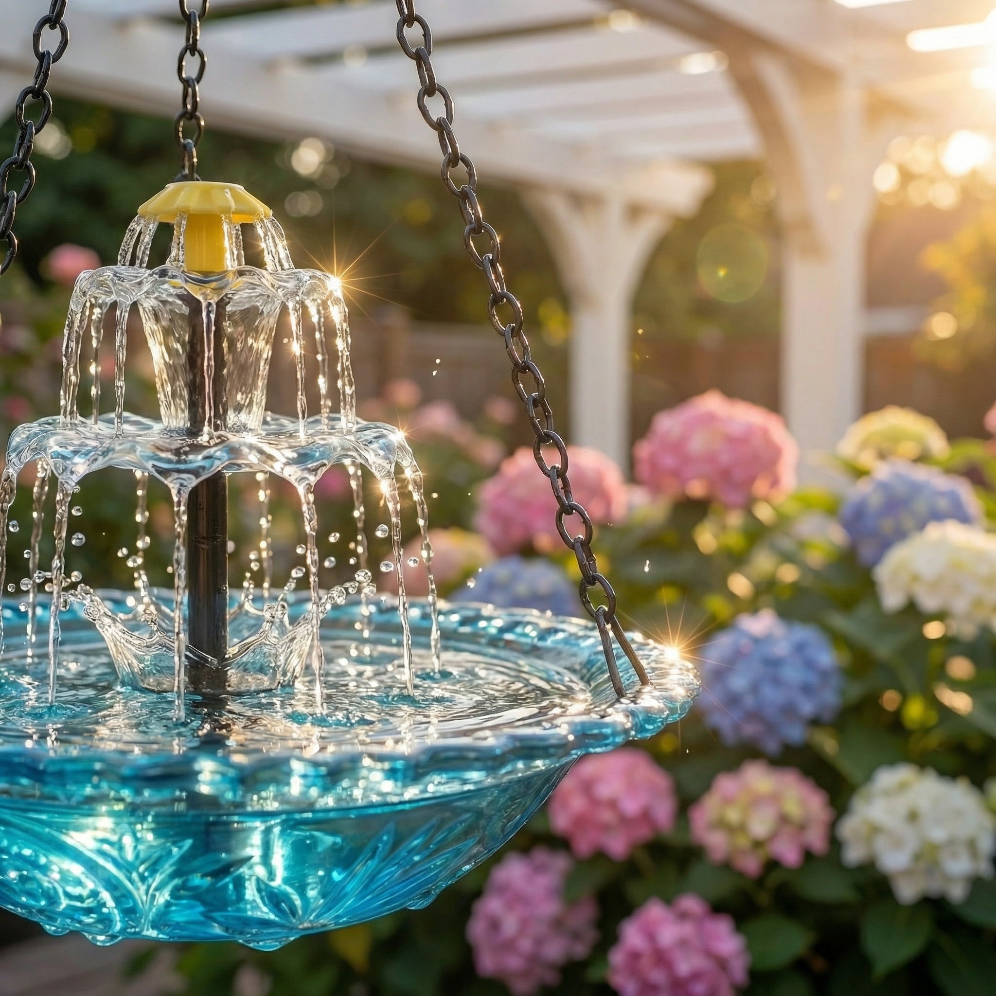 Solarbetriebene Hängende Vogeltränke mit Springbrunnen | Zweistufig | Glasschale | Aquavio