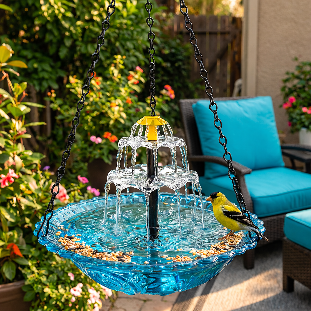 Solarbetriebene Hängende Vogeltränke mit Springbrunnen | Zweistufig | Glasschale | Aquavio