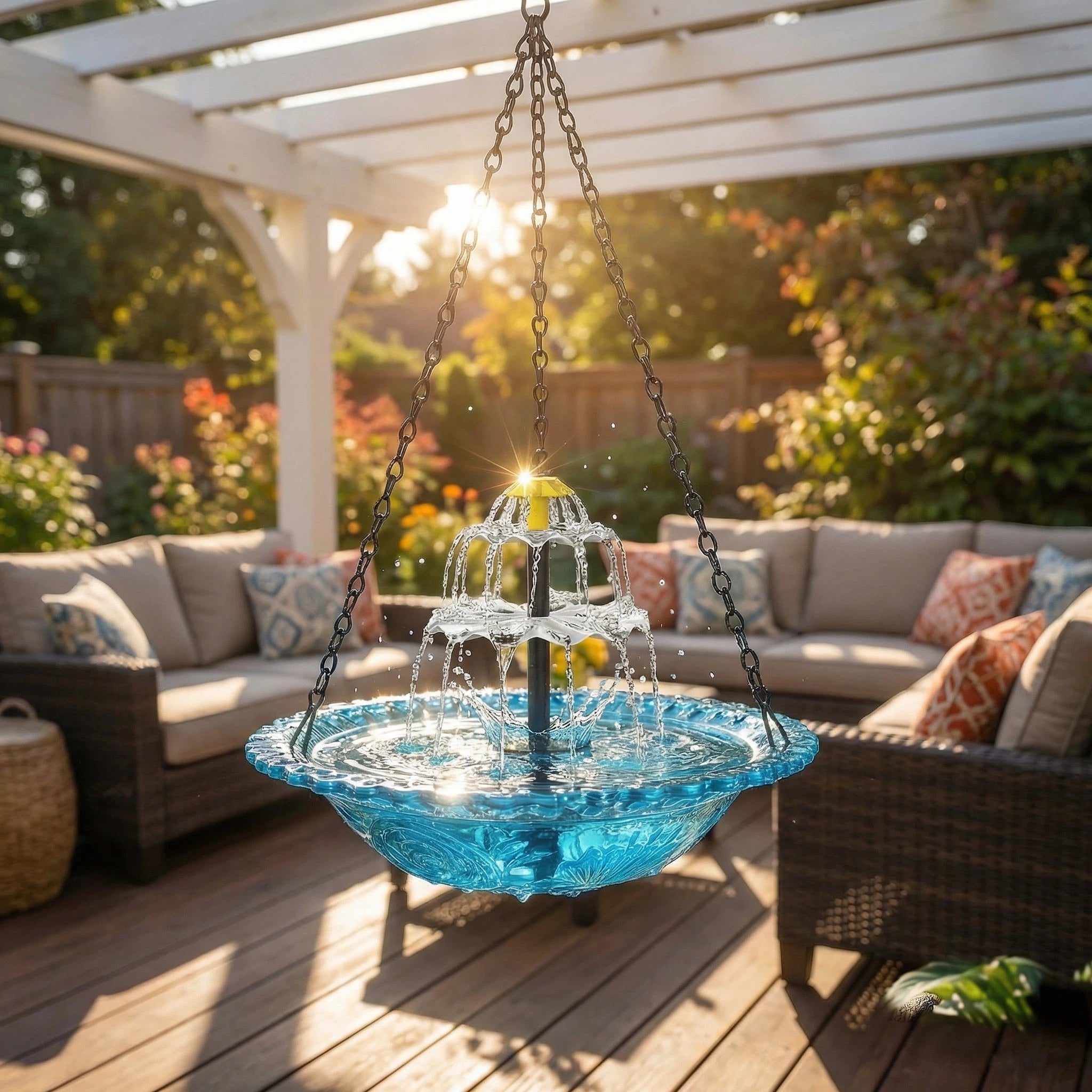 Solarbetriebene Hängende Vogeltränke mit Springbrunnen | Zweistufig | Glasschale | Aquavio
