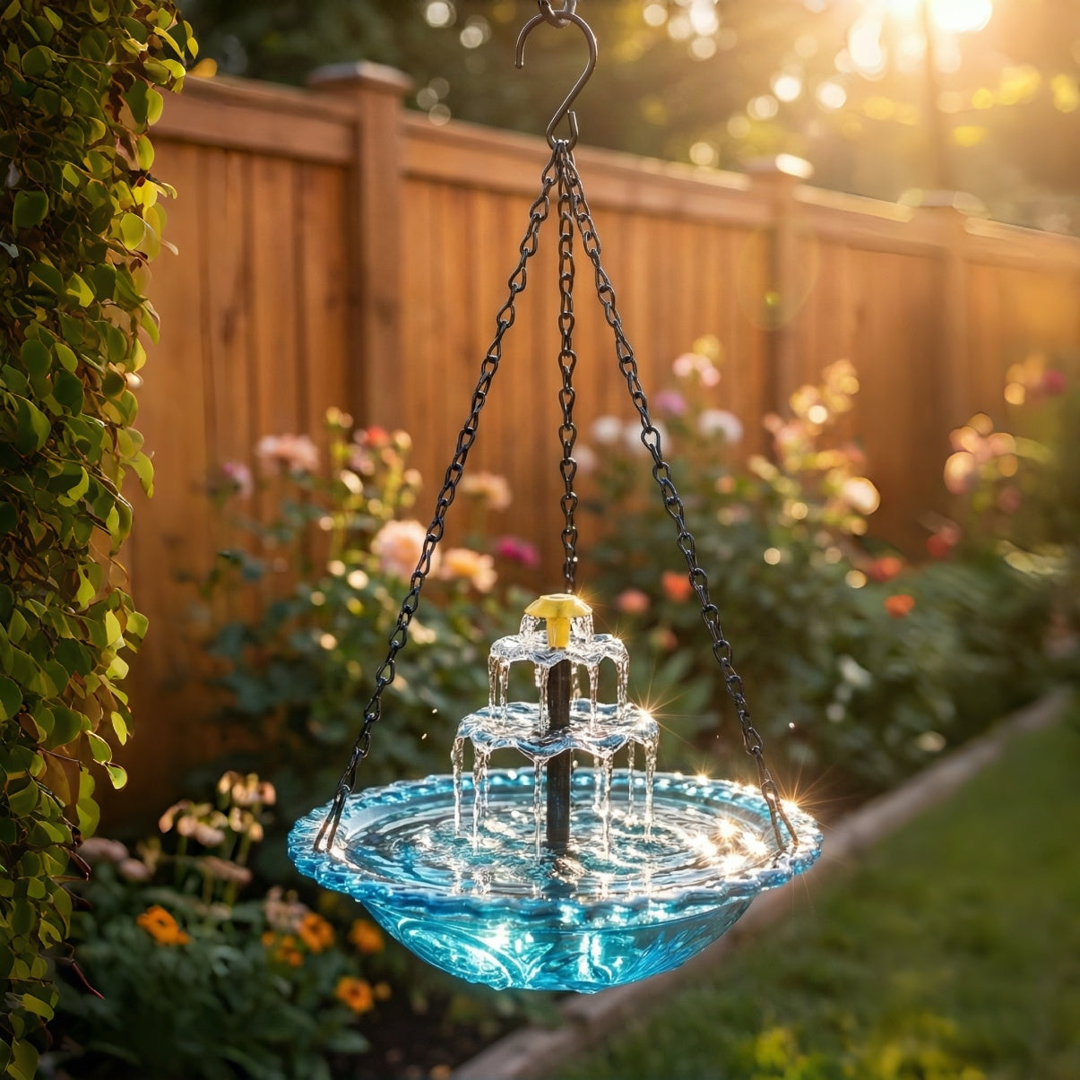 Solarbetriebene Hängende Vogeltränke mit Springbrunnen | Zweistufig | Glasschale | Aquavio