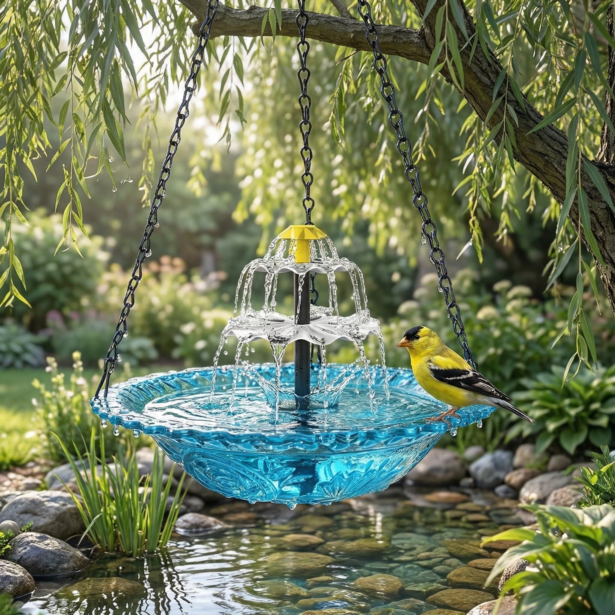 Solarbetriebene Hängende Vogeltränke mit Springbrunnen | Zweistufig | Glasschale | Aquavio
