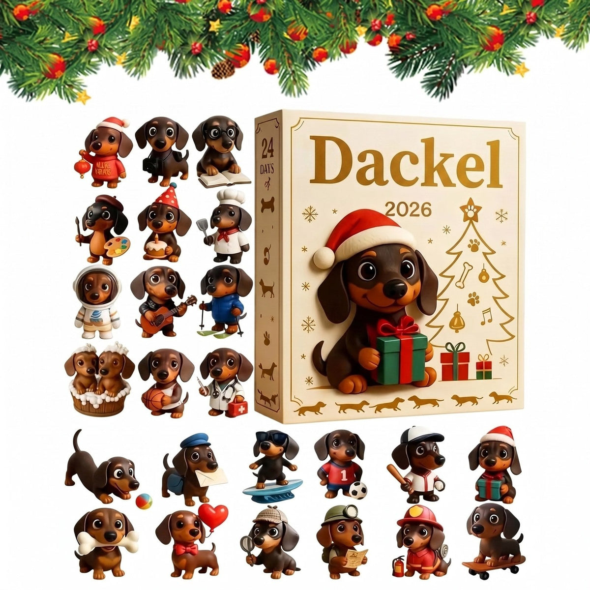 Dackel-Adventskalender mit 24 Acryl-Anhängern