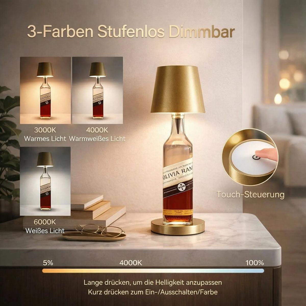 Bottlume - Kabellose LED-Flaschenlampe mit USB-Aufladung