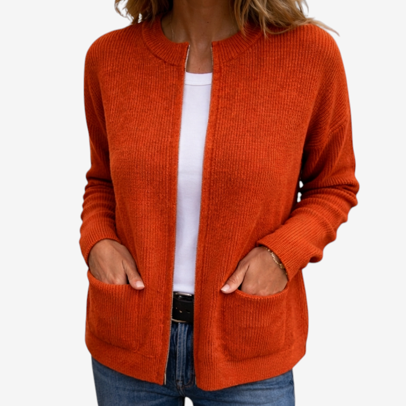 Zipmora - Damen Strickjacke mit Reißverschluss und zwei Taschen