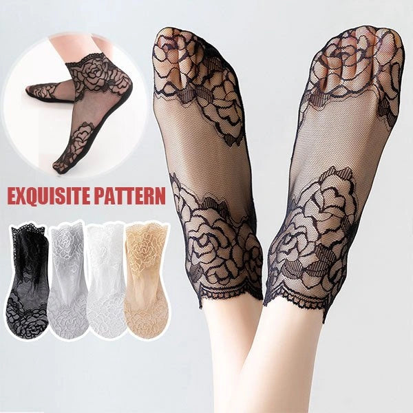 Lacevia - Damen-Spitzensocken mit floralem Design im 4er-Set