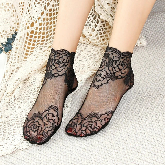 Lacevia - Damen-Spitzensocken mit floralem Design im 4er-Set